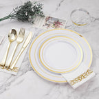 BESTVIP 350 PCS Gold Dinnerware Set for 50 Guests, Plastic Dinnerware Set for Party, Wedding, Christmas, Include: 100 Plastic Plates, 50 Gold Silverware, 50 Cups, 50 Paper Napkins