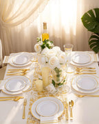 GATHER 700PCS Gold Plastic Plates - Whtie and Gold Disposable Dinnerware Sets 100Guest - 200 Disposable Plate, 300 Plastic Silverware, 100 Cups, 100 Napkins for Wedding & Party