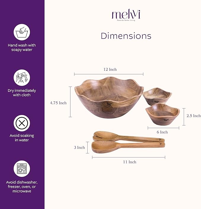 Melvvi Large Wooden Salad Bowl Set with 2 Serving Utensils and 2 Small Bowls | 12" and 6" Acacia Wood Bowls for Food | Mothers Day gift (Natural Set of 5)