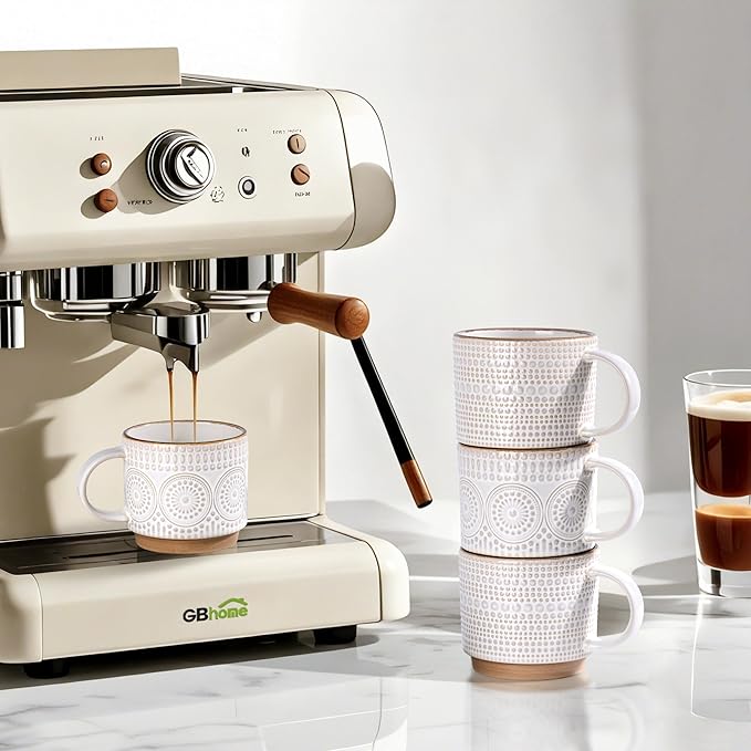 GBhome 12OZ Stackable Coffee Mugs, Ceramic Coffee Mugs with Texture Patterns for Man,Woman,Dad,Mom, Modern Coffee Mugs Set of 4 for Latte/Cappuccino/Cocoa. Dishwasher&Microwave Safe