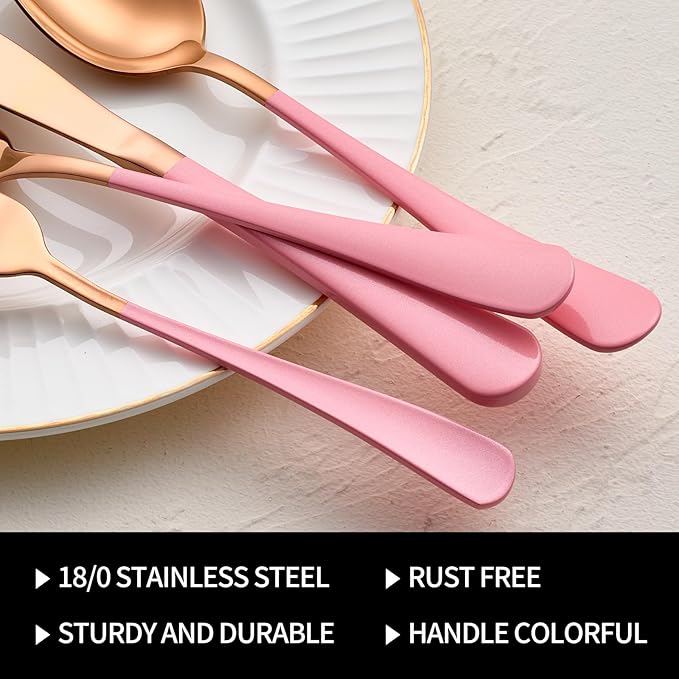 20-Pieces Rose Gold and Pink Silverware Sets for 4,Pink Handle Stainless Steel Cutlery Set, Include Forks Spoons and Knives Set, Dishwasher Safe Utensil Sets for Home Restaurant