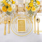 GATHER 350PCS Clear Gold Plastic Plates - Disposable Gold Dinnerware Sets Includes 100 Gold Rim Plastic Plates, 150 Silverware, 50 Napkins, 50 Cups for Party, Wedding