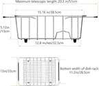 NiuYichee Stainless Steel Dish Drying Rack(15.2"L X 13"W X 5.8"H), Expandable Fruit & Vegetable Drain Rack over Sink, Dish Drainer Rack in Sink, with Stainless Steel Utensil Holder & Silicone Mat(16")