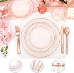 Ciaell 150PCS Rose Gold Plastic Plates – Disposable Plates with Rose Gold Plastic Silverware include 50Plates, 25Forks, 25Knives, 25Spoons, 25Cups for Wedding & Party