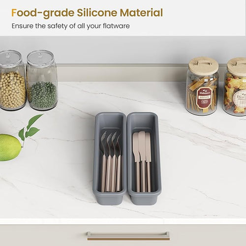 2 Pack Silicone Silverware Drawer Organizer, DIY Free Combination Kitchen Drawer Organizer, Utensil Organizer, Moisture-proof and Heat-resistant up to 200°C, Anti-slip Design (Grey)