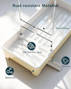 Minimalist Sink Caddy, Rustproof Sponge Holder for Kitchen Sink with 304 Stainless-Steel Brush Holder, Countertop Rack Organizer with Raised Ridges & Silicone Drain Tube (Pastel Yellow, Large)