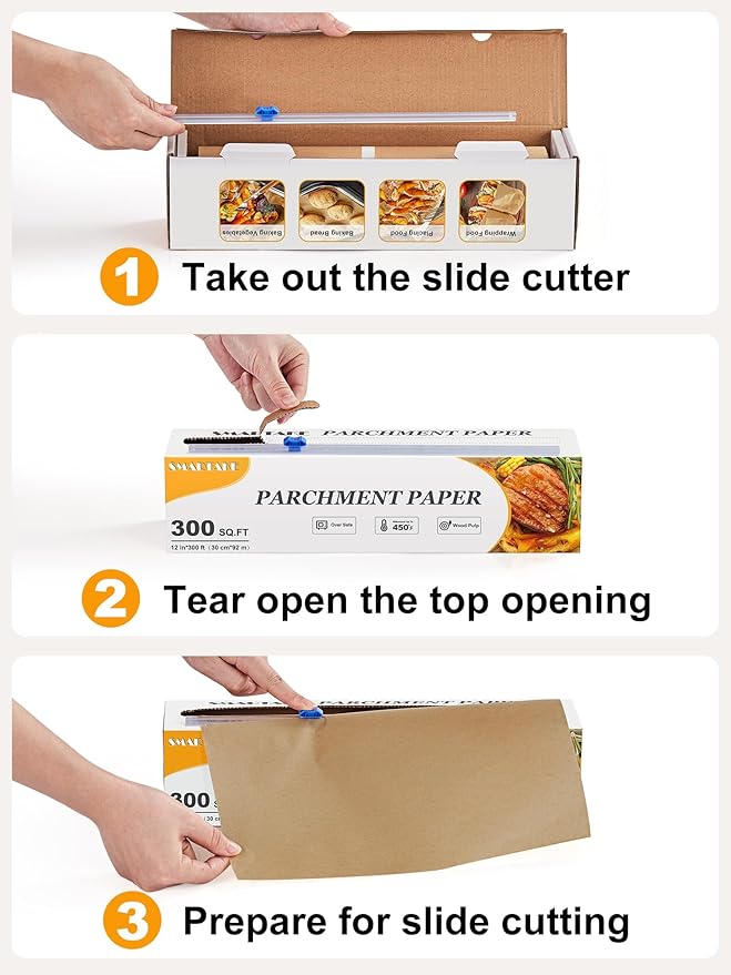 SMARTAKE Parchment Paper Roll for Baking, 12 in x 300 ft, 300 sq.ft, Non-Stick Baking Paper Sheets with Slide Cutter, Heavy Duty Extra Long, for Kitchen Baking Cooking Grilling Steaming, Unbleached