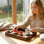 Acacia Wood Serving Tray with Handles, 17 Inch Wooden Tray for Ottoman, Breakfast, Lunch, Dinner, Decorative Rectangular Tray for Living Room, Kitchen Counter, Outdoor
