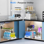 Petiza Metal Under Sink Organizer, Pull Out Cabinet Organizer Rack with Silk-Smooth Bottom Drawer, 5-Level Adjustable, Multi-Purpose Storage Shelf for Bathroom, Kitchen, Vanity, Pantry (2-Pack)