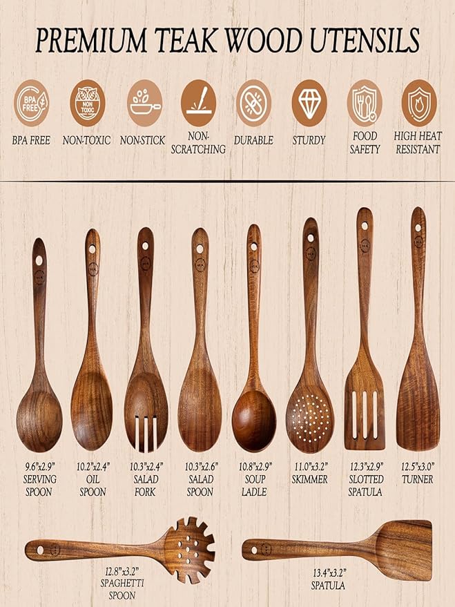 10-Piece Natural Teak Wood Utensil Set - Nonstick Cooking Spoons & Spatulas, Heat Resistant Kitchen Tools