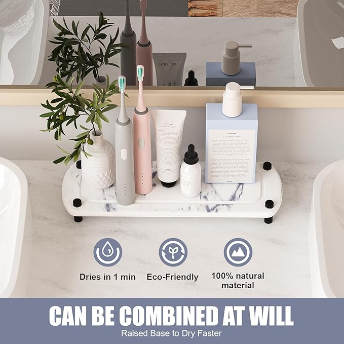 Instant Dry Sink Caddy Organizer, Stone Sink Tray with Stainless Steel Feet, Fast Drying Sponge and Soap Dispenser Holder for Kitchen and Bathroom Countertop