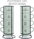 Signature Housewares Stackable Coffee Mug Tower Set with Metal Wire Rack - 15 Ounce Coffee Mugs for Coffee, Tea, Cocoa, Milk, Cappuccino, Hot Chocolate Set of 4 - Spanish Bendecida Blessed