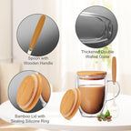 4 Pack Double Walled Glass Coffee Mugs with Bamboo Lid/Spoon, Insulated Coffee Cups with Handle, Cappuccino Latte Glasses Cup, Clear Glass Mugs for Hot Drinks Tea Milk Juice Ice Cream (350ml)