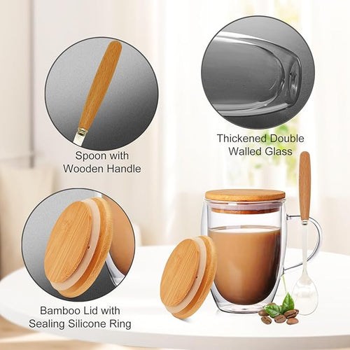 4 Pack Double Walled Glass Coffee Mugs with Bamboo Lid/Spoon, Insulated Coffee Cups with Handle, Cappuccino Latte Glasses Cup, Clear Glass Mugs for Hot Drinks Tea Milk Juice Ice Cream (350ml)