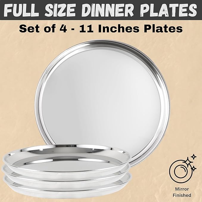 Stainless Steel Dinnerware Set of 32 Pcs (Dinner Plates, Cups, Dishes, Bowls) Metal Dinnerware Sets, Dishwasher Safe, Reusable Dinner Set for Home Kitchen Camping - Service for 4