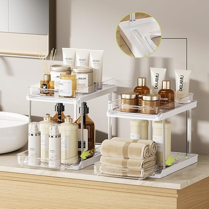 Delamu 2-Tier Bathroom Under Sink Organizers and Storage, Pull Out Cabinet Drawers with Anti-Slip Design & Two Sizes, Multi-Purpose Storage for Kitchen, Pantry, Bathroom & Home Organization, 2 Pack