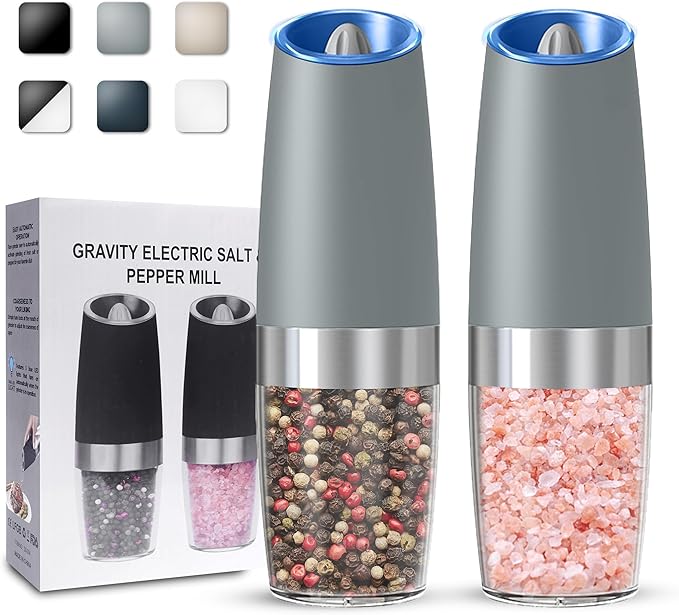 Gravity Electric Salt and Pepper Grinder set of 2, Automatic Salt And Pepper Grinder Set, Adjustable Roughness, Battery Powered, LED Light, 2 Pack, (Light Grey)
