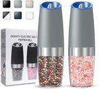 Gravity Electric Salt and Pepper Grinder set of 2, Automatic Salt And Pepper Grinder Set, Adjustable Roughness, Battery Powered, LED Light, 2 Pack, (Light Grey)
