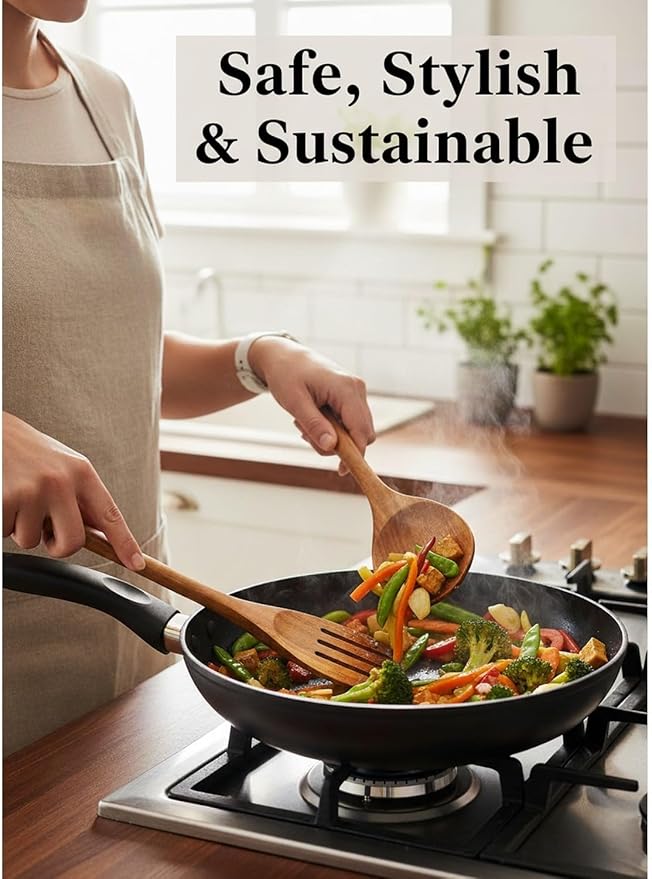 6-Piece Natural Teak Wood Utensil Set - Compact Nonstick Cooking Spoons & Spatulas, Durable Wooden Tools