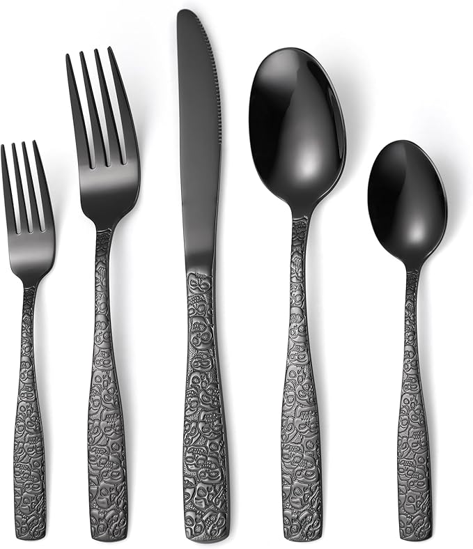 Skull Embossed Silverware Set for 8,OIULO 40-Piece Black Flatware set,Unique Gothic Pattern Design,Mirror Finished Fine Vintage Cutlery,Halloween Tableware Knives Fork Spoon Utensils Kitchen