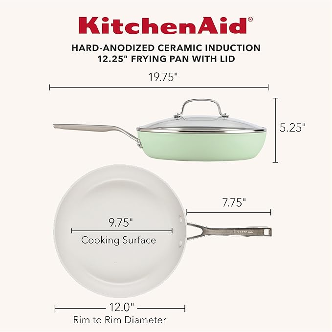 KitchenAid Hard Anodized Ceramic Induction Nonstick Cookware Frying Pan/Skillet with Lid, Dishwasher Safe, 12.25 Inch Non Stick Fry Pan with Stainless Steel Handle - Pistachio