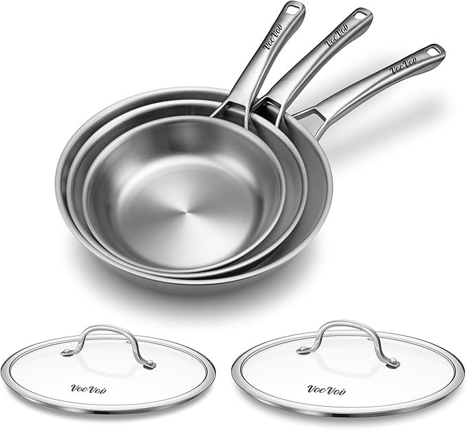 Stainless Steel Frying Pans Set with Lid,PFOA&PTFE Free Tri-Ply Skillets,Chef's Pan Set(8+10+12inch) Frying Pans for cooking,Induction Cookware Sets,Dishwasher and Oven Safe Kitchen set