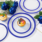 Liacere 350PCS Blue Plastic Plates - Clear with Blue Trim for 50Guests Dinnerware Include 100 Clear Plates disposable 150 Silverware 50Napkins for Wedding ＆ Graduation & Memorial Day
