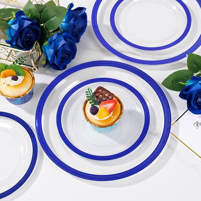 Liacere 350PCS Blue Plastic Plates - Clear with Blue Trim for 50Guests Dinnerware Include 100 Clear Plates disposable 150 Silverware 50Napkins for Wedding ＆ Graduation & Memorial Day