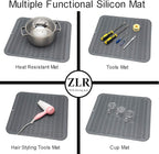 ZLR 2 Pcs Large Silicone Dish Drying Mat (16" x 18") - XL Heavy Duty Drainboard Mat for Pots, Pans & Family Loads - Heat Resistant Trivet & Counter Protector, Easy Clean (Dark Gray)