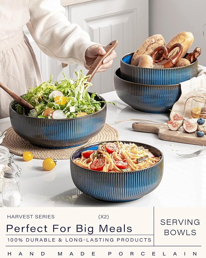 getstar Large Serving Bowls (9.5 inch & 92 fl oz), Ceramic Salad Bowl Set of 2, Microwave and Dishwasher Safe (Embossed Stripes, Vintage Blue)