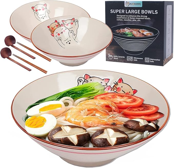 NJCHARMS Ceramic Japanese Ramen Noodle Soup Bowl, 2 Sets (6 Piece) 42 Ounce, with Matching Spoon and Chopsticks for Udon Soba Pho Asian Noodles (8 inch, Beige)