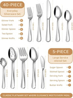 Silverware Set for 8, 45 Piece Food-Grade Stainless Steel Flatware Set with Hostess Serving Utensil Set, Mirror Polished Cutlery Set for Home Kitchen Restaurant, Dishwasher Safe