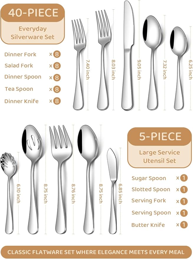 Silverware Set for 8, 45 Piece Food-Grade Stainless Steel Flatware Set with Hostess Serving Utensil Set, Mirror Polished Cutlery Set for Home Kitchen Restaurant, Dishwasher Safe
