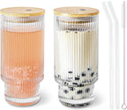 2 Pcs 16oz Glass Cups with Lids and Straws Ribbed Vintage Iced Coffee Glasses for Tea Iced Coffee Soda Cocktail Smoothie(Ribbed*2)