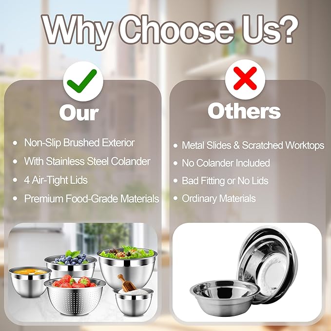 Stainles Steel Mixing Bowls with Lids Set, Stackable Metal Mixing & Serving Bowl with Strainer, 5-Piece - Beige