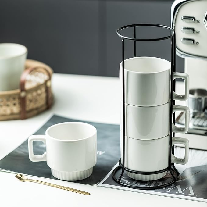 Miamolo Coffee Mugs Set of 4, Stackable Coffee Cups with Holder Spoons 11oz Ceramic Espresso Cup for Cappuccino Latte Tea Drinks, Dishwasher & Microwave Safe, White