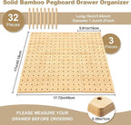 Kigley 3 Pcs Bamboo Wood Pegboard Drawer Organizer with 32 Pegs Wooden Peg Board Drawer Shelf Organizer Adjustable Peg System for Dishes Plate Pot Container Cookware Utensil Kitchen