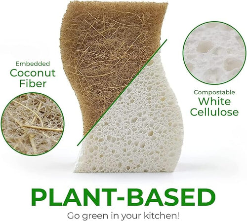 AIRNEX Natural Kitchen Sponges (24 Pack) - Biodegradable Cellulose & Coconut Scrubber Dish Sponges for Kitchen - Eco-Friendly, Non Scratch, Compostable, Non Toxic S-Shaped Natural Sponges for Dishes
