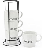 Signature Housewares Stackable Coffee Mug Tower Set with Metal Wire Rack - 15 Ounce Coffee Mugs for Coffee, Tea, Cocoa, Milk, Cappuccino, Hot Chocolate Set of 4 - White Coffee