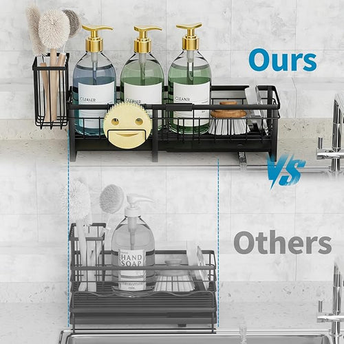 Aurblozen Extra Large Extendable Sponge Holder for Kitchen Sink, Rustproof Sink Caddy Organizer with High Brush Holder, Dish Soap Dispenser Organizers and Storage (Black)