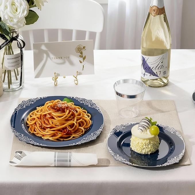 Bestluck 175PCS Navy Blue Plates for 25 Guests, Disposable Dinnerware Sets Include 50 Plastic Plates, 25 Silverwares, 25 Cups, and 25 Pre Rolled Napkins for Party, Wedding and Graduation