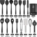 Silicone Kitchen Utensils Set, 16-Piece Silicone Cooking Utensils by Deedro, Heat Resistant Kitchen Tools Set with Holder, Nonstick Spatula Kitchen Gadgets for Cooking & Baking, Black