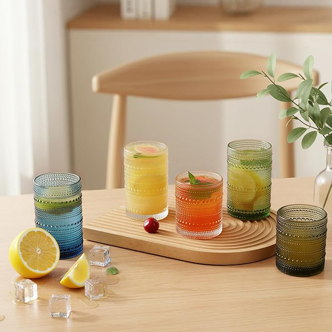 Moretoes Hobnail Drinking Glasses Set of 12,12 Oz Highball Glasses Embossed Boho Water Glass Cups Kitchen Bar Tumbler Glassware Set for Whiskey, Beer, Juice, Milk and Various Mixed Drinks (Green)