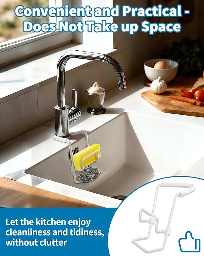 Sink Sponge Holder - Metal Kitchen Sink Faucet Organizer for Sponges, Brushes and Cleaning Tools, Faucet Sponge Holder Hanging Fix Around Faucet (White)