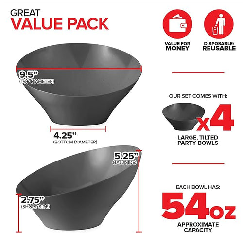 54oz Black Plastic Serving Bowls (4 Pack) Large Disposable Snack Bowl Candy Dishes, Buffet Containers, Chips, Popcorn, Snacks, Punch, Salad Bar, Parties, Office Desk, Bridal Shower, Party Supplies