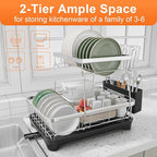 Dish Drying Rack - 2-Tier 304 Stainless Steel Dish Rack for Kitchen Counter , Adjustable Spout Auto-Draining Dish Rack, Kitchen Organizers and Storage Rack with Drainboard and Cutlery Holder Black