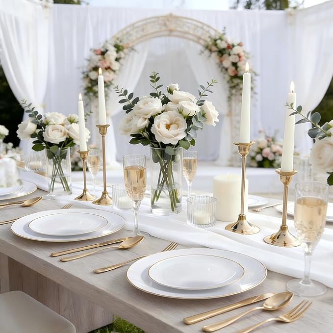 KIRE 350 PCS White and Gold Plates Disposable - Elegant Dinnerware Set of 50 Guest, White Plastic Plates With Gold Rim, Pre Rolled Napkins with Silverware & Cups for Thanksgiving Party/Wedding