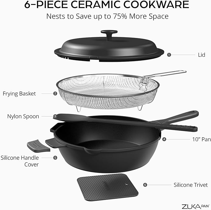 ZUKA 10 in 1 Ceramic Pan by Granitestone, Large 10 Inch Saute Pan with Lid Serves as Deep Frying Pan Set with Steamer, Everyday Skillet, Non Toxic Ceramic Nonstick, Induction Oven & Dishwasher Safe