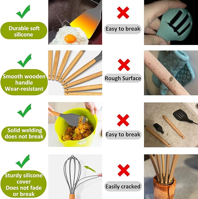 Silicone Cooking Utensil Set, 35 Pcs Kitchen Utensils by Fungun, Non-stick Heat Resistant Kitchen Gadgets Cookware with Natural Wooden Handle -(Gray)