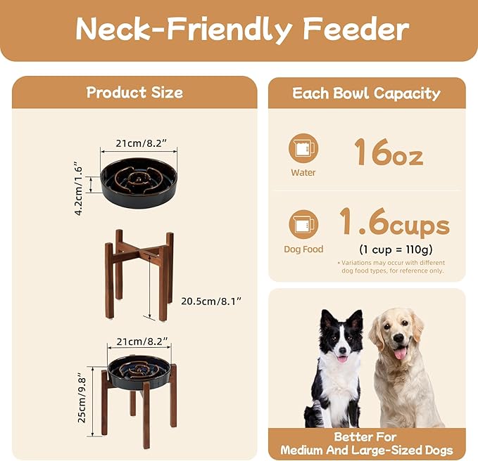 Havniva Ceramic 1.6 Cup Raised Slow Feeder Dog Bowl Set, Elevated Acacia Wood Stand for Medium and Large Dog, 8.2inch Slow Dish, Stop Bloat(Single Bowl+ Stand, Starry Sky)